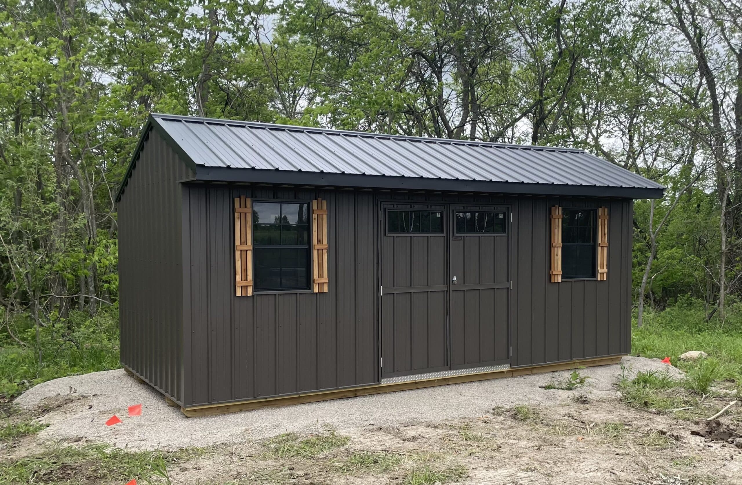 14x44 Double-Door black Metal Sided and black metal roofed Garden Shed for sale in MO & KY