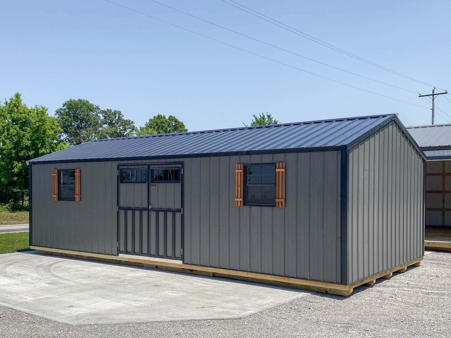 14x44 dark grey ranch-shed with black trim and black metal roof for sale in MO & KY