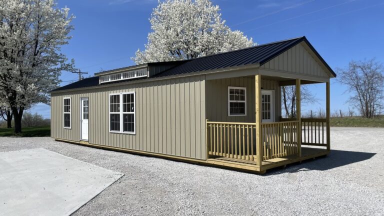 14x46 cabin tiny home with desert sand siding and trim with a matte black metal roof available for delivery to Kirksville, MO