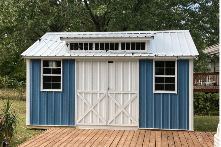 blue and white metal 10x12 sheds