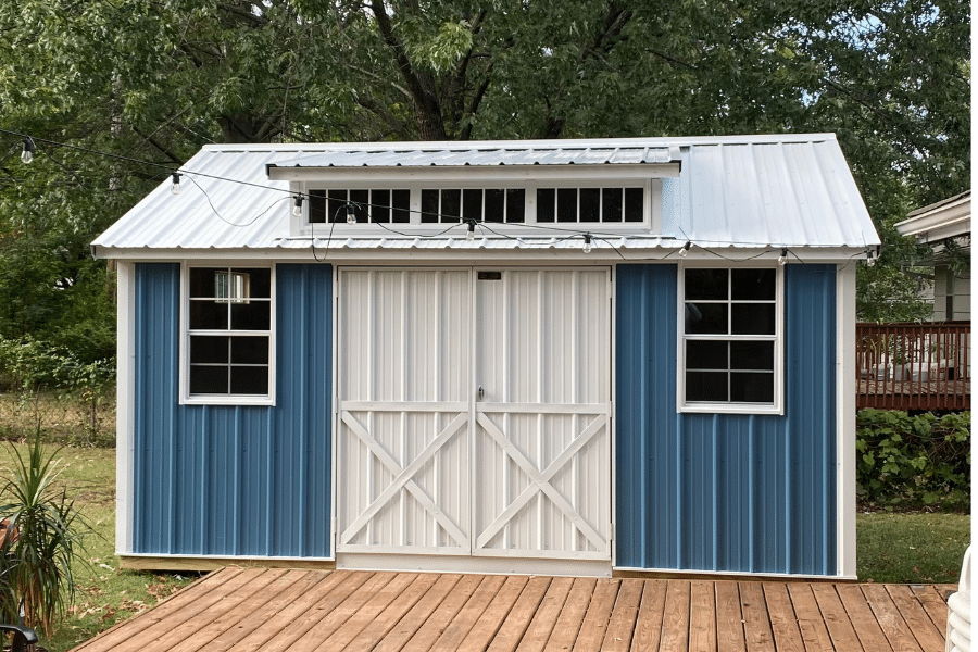 blue and white metal 10x12 sheds