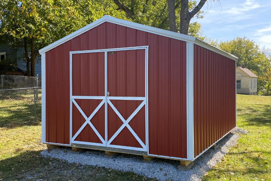 red and white trimmed metal 10x12 ranch shed