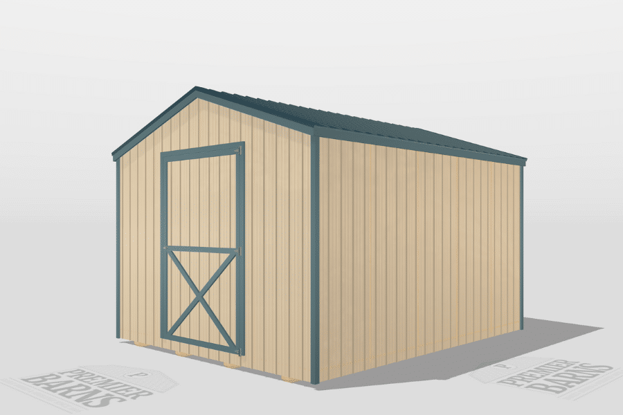 tan and blue trimmed 10x12 sheds being built in 3D