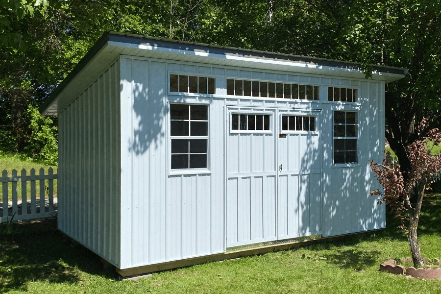 white 10x12 urban shed with transom windows and double doors